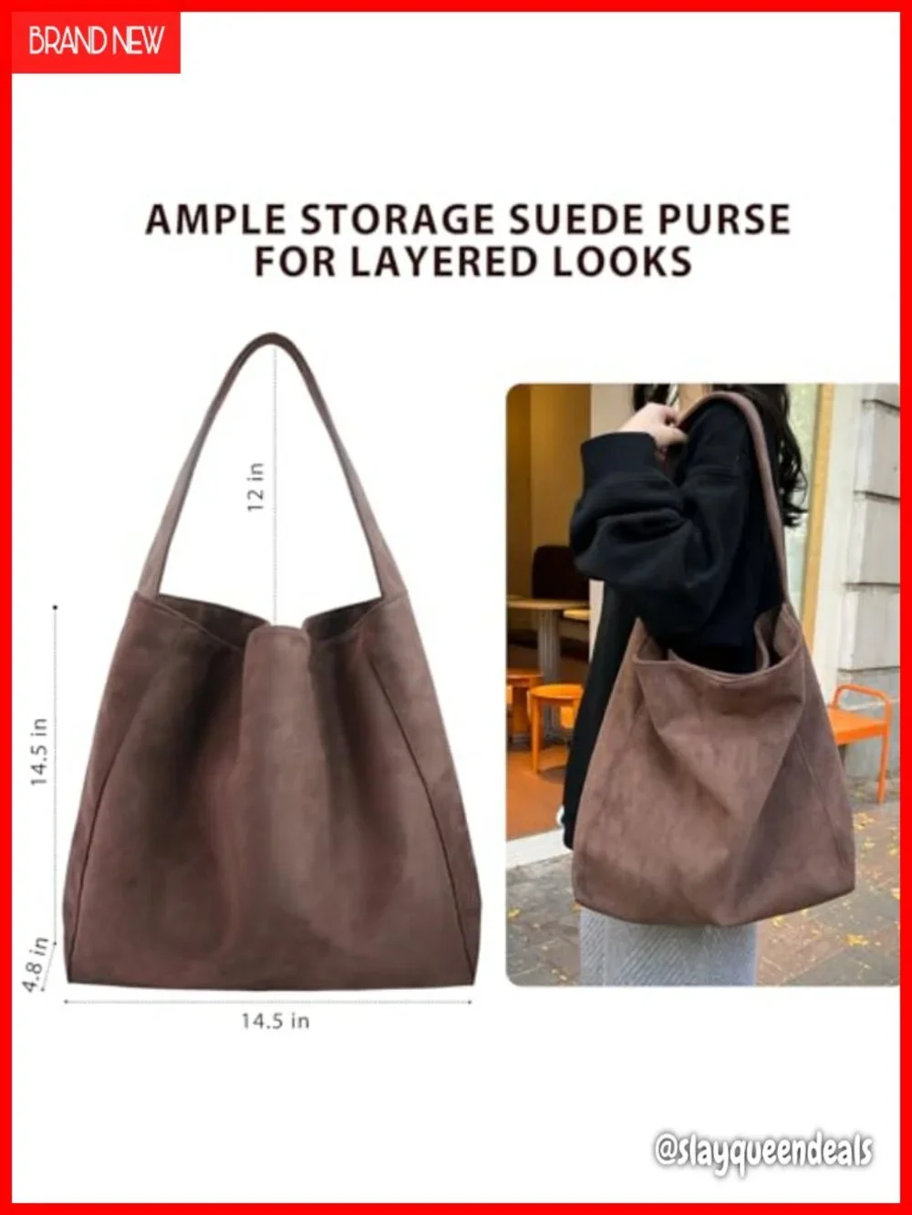 Faux Suede Slouchy Hobo Tote Handbag